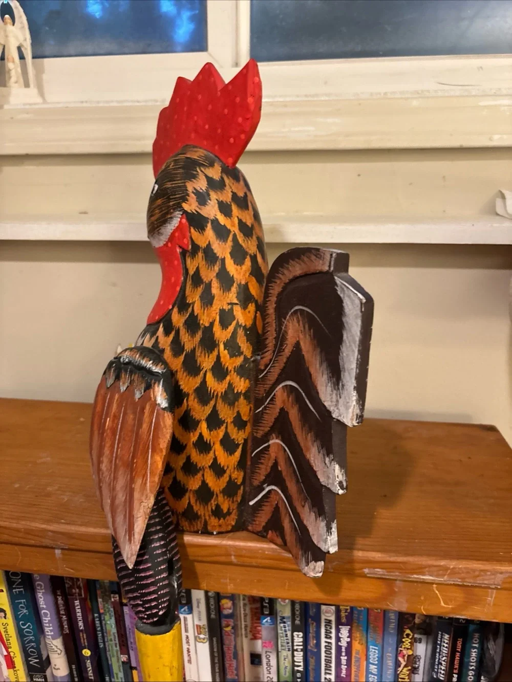 Handcrafted Decorative Wooden Rooster - Black, Red, Yellow